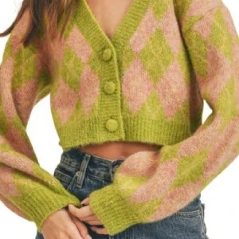 NWT All in Favor Argyle V-Neck Crop Cardigan Prink/Green Size S